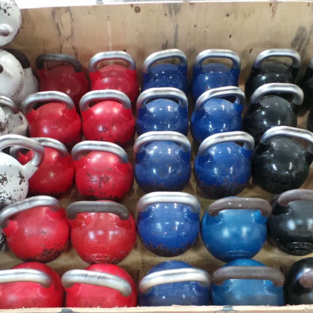 shipping container full of Assorted Kettlebells 8kg to 24kg