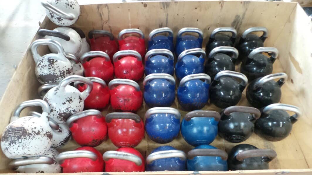 shipping container full of Assorted Kettlebells 8kg to 24kg
