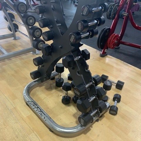 second hand life fitness dumbell rack in a gym fitout