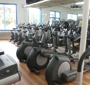 Row of elliptical trainers at a gym